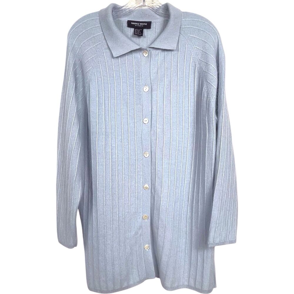 Mariele Waithe Light Blue Silk Angora Ribbed Collared Cardigan Size Medium